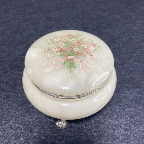 Other - Vintage Italian Alabaster Trinket Jewelry Box Floral Bouquet Round 3" Wide Italy